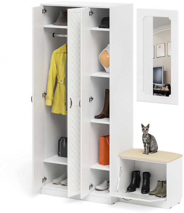 Прихожая П-6 Компоновка № 46, белая шагрень/фасады МДФ белое дерево фрезеровка ромб