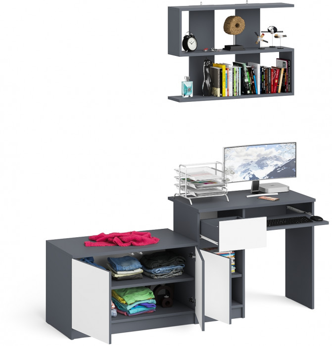 Мори компьютерный стол МС-1 левый + Тумба МА900.1 + Полка 900, графит/белый