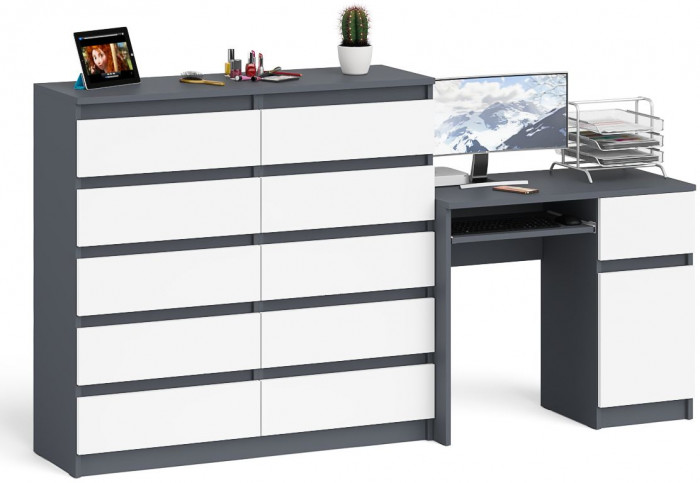 Мори компьютерный стол МС-1 правый + Комод МК1200.10, графит/белый