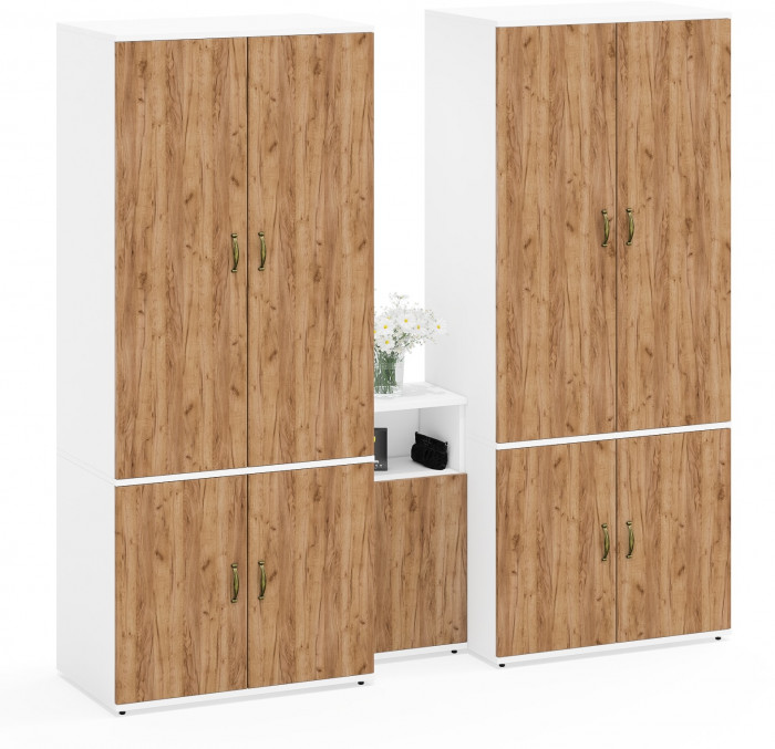 Лидер-8 Шкаф МД 19Б + Шкаф МД 19Б + Тумба МД 3.19, цвет белый шагрень/крафт золото, ШхГхВ 200х50х190 см., универсальная сборка