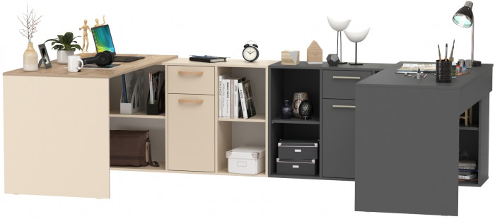 Два Стола письменных Лайт 03.245, цвет сатин/дуб эндгрейн элегантный/тёмно-серый, ШхГхВ 342,9х136х75,2 см.(угл.) или 407,2х68х75,2 см.(пр.), ун. сб.