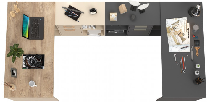 Два Стола письменных Лайт 03.245, цвет сатин/дуб эндгрейн элегантный/тёмно-серый, ШхГхВ 342,9х136х75,2 см.(угл.) или 407,2х68х75,2 см.(пр.), ун. сб.