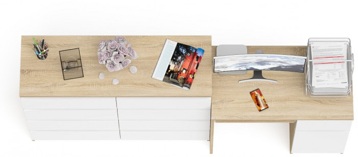 Мори Стол компьютерный МС-1 правый + Комод МК1200.8, цвет дуб сонома/белый, ШхГхВ 210,4х50х94 см., выдвижной ящик справа, НЕ универсальная сборка