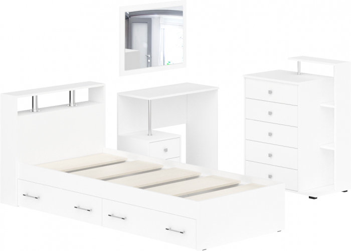 Камелия спальня № 14 Кровать с ящиками 900 + Стол косметический + Зеркало + Комод, белый
