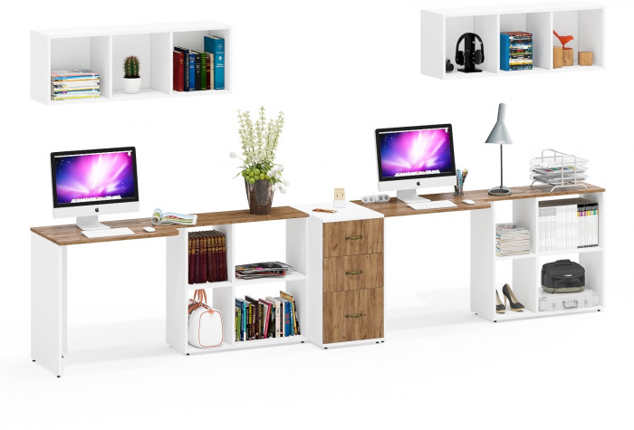 Лидер-8 Стол + Полка + Стол + Полка + Тумба МД 3.16, белый шагрень/крафт золото