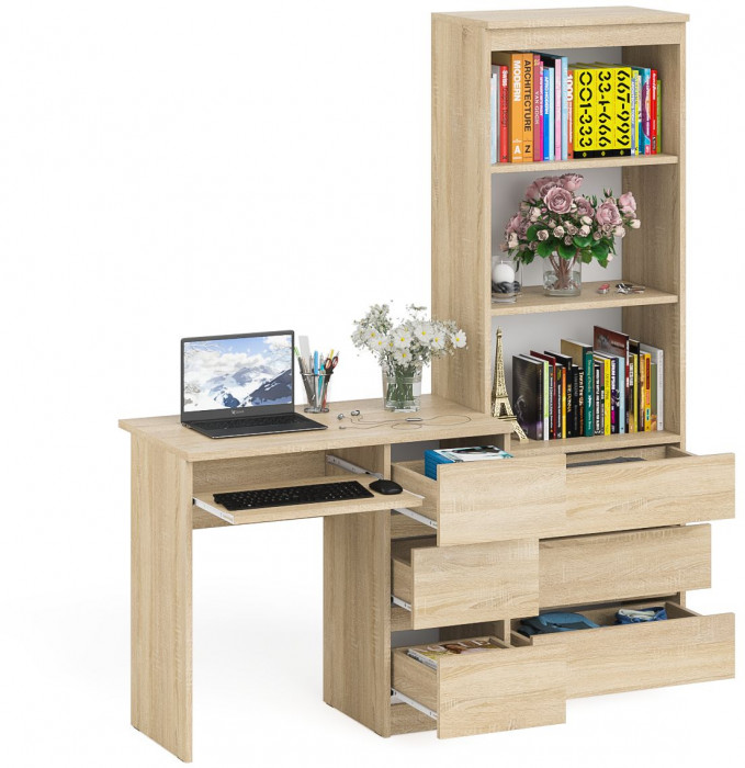 Мори компьютерный стол МС-6 правый + Стеллаж МСТ600.3, дуб сонома