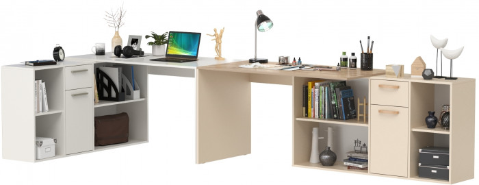 Два Стола письменных Лайт 03.245F, цвет белый шагрень/сатин/дуб эндгрейн элегантный, ШхГхВ 342,7х136х75,2 см.(угл.) или 407х68х75,2 см.(пр.), ун. сб.