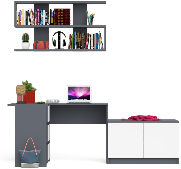 Мори компьютерный стол МС-16 левый + Тумба МА900.1 + Полка 1200, графит/белый