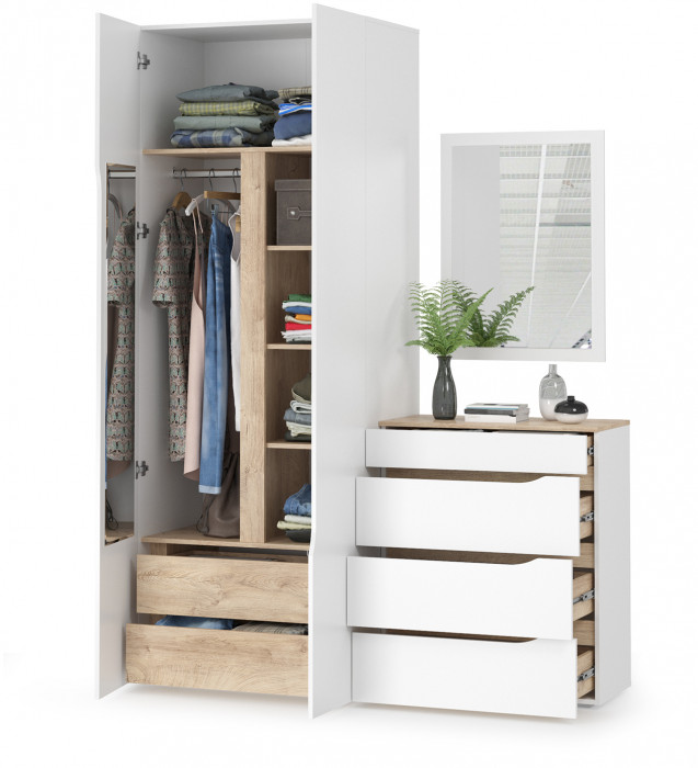 Муссон 13.198 Шкаф двухстворчатый + 13.97 Комод + Зеркало СВК, цвет белый/дуб эндгрейн элегантный, ШхГхВ 164,6х52,3х229,8 см., НЕ универсальная сборка