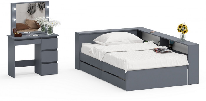 Ксения Кровать с ящиками 1200 + прикроватный блок + Столик с подсветкой Сура, графит
