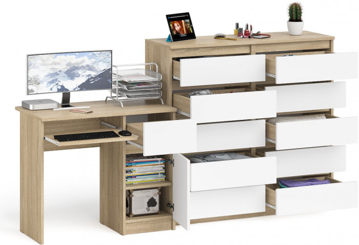 Мори компьютерный стол МС-1 правый + Комод МК1200.10, дуб сонома/белый