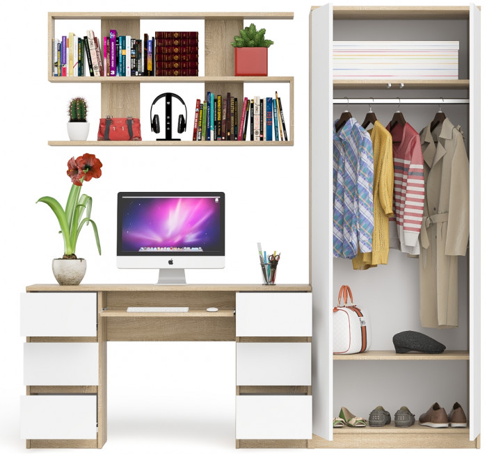 Мори компьютерный стол МС-2 + Шкаф МШ800.1 + Полка 1200, дуб сонома/белый