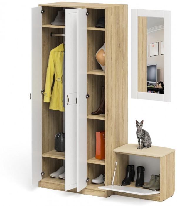 Прихожая П-6 Компоновка № 46, дуб сонома/фасады МДФ белое дерево фрезеровка прованс