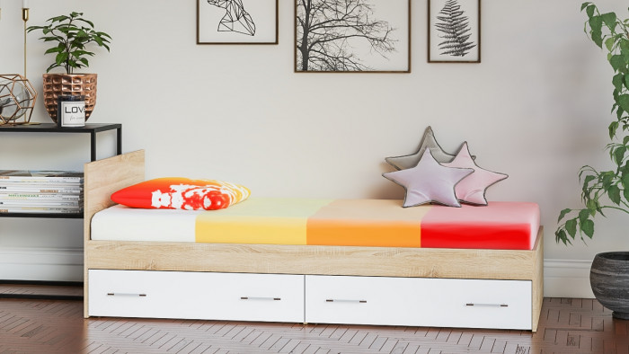 Мори Кровать с ящиками 0900, дуб сонома/белый