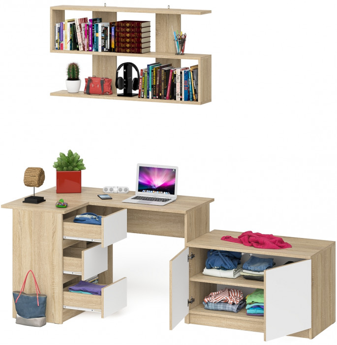 Мори компьютерный стол МС-16 левый + Тумба МА900.1 + Полка 1200, дуб сонома/белый