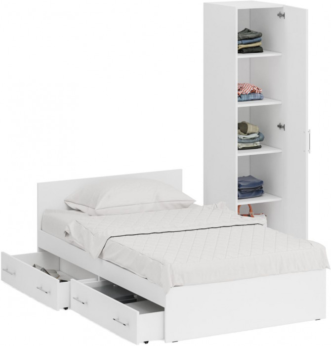 Кровать с ящиками 1200 + Пенал Стандарт, цвет белый, ШхГхВ 123,5х203,5х70 + 45х52х200 см., сп.м. 1200х2000 мм., без матраса, основание есть