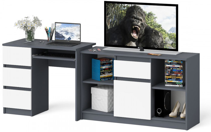 Мори Стол компьютерный МС-6 левый + Тумба МТВ1204.1, цвет графит/белый, ШхГхВ 210,4х50х76,6 см., выдвижные ящики слева, НЕ универсальная сборка