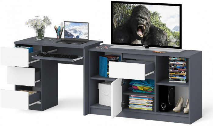 Мори Стол компьютерный МС-6 левый + Тумба МТВ1204.1, цвет графит/белый, ШхГхВ 210,4х50х76,6 см., выдвижные ящики слева, НЕ универсальная сборка