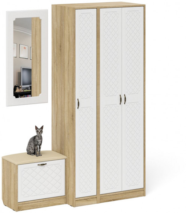 Прихожая П-6 Компоновка № 46, дуб сонома/фасады МДФ белое дерево фрезеровка ромб