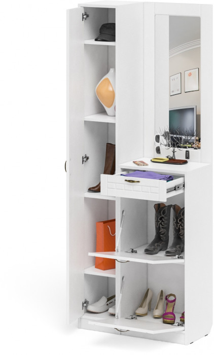 Прихожая П-6 Компоновка № 23, цвет белая шагрень/фасады МДФ белое дерево фрезеровка прованс, ШхГхВ 80х35х210 см., универсальная сборка