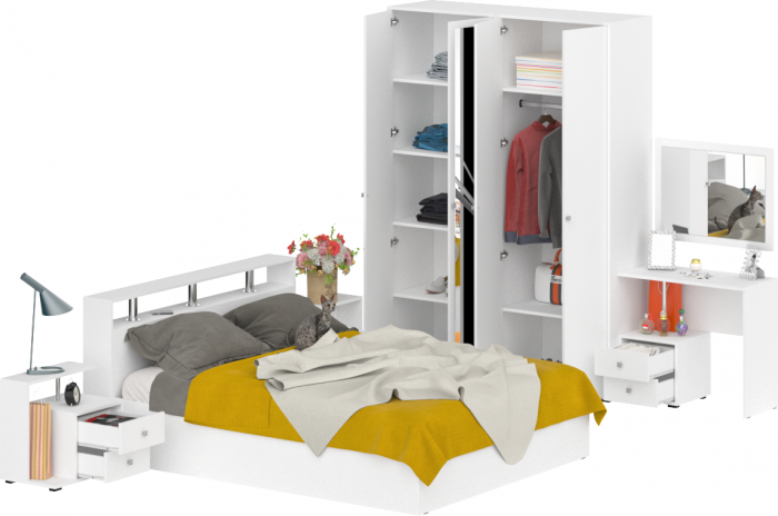 Камелия спальня № 2 Кровать 1600 + Две тумбы + Стол косметич. + Зеркало + Шкаф 4-х, белый