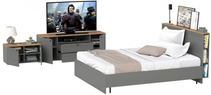 Остин 11.53 Кровать + ортопед + 16.47 Тумба под ТВ + 13.257 Тумба, серый графит/дуб крафт золотой
