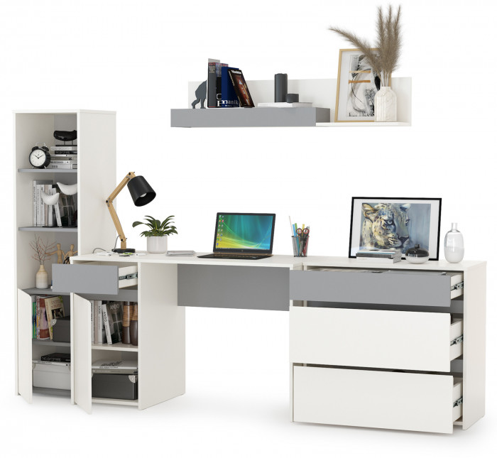 Торонто Компоновка № 02, цвет белый шагрень/стальной серый, ШхГхВ 240х53,1х149,7 см., универсальная сборка