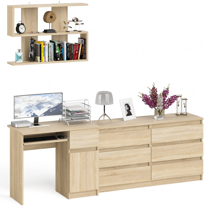 Мори Стол компьютерный МС-1 правый + Комод МК1380.6 + Полка 900, цвет дуб сонома, ШхГхВ 228х50х209,6 см., НЕ универсальная сборка