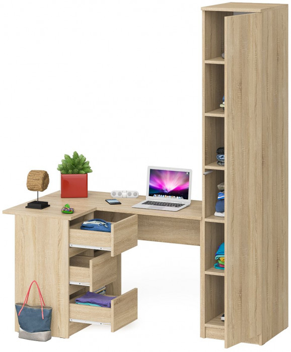 Мори Стол компьютерный МС-16 левый + Пенал МШ400.1, цвет дуб сонома, ШхГхВ 164,8х84,9х209,6 см., выдвижные ящики слева, НЕ универсальная сборка