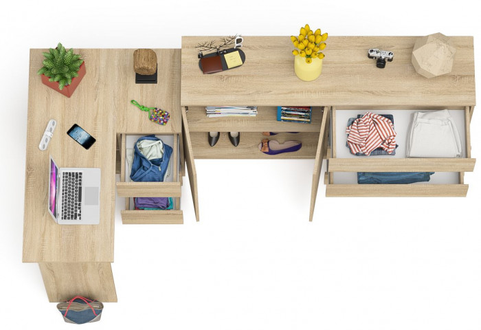 Мори Стол компьютерный МС-16 правый + Комод МК1600.1, цвет дуб сонома, ШхГхВ 284,8х84,9х94 см., выдвижные ящики справа, НЕ универсальная сборка