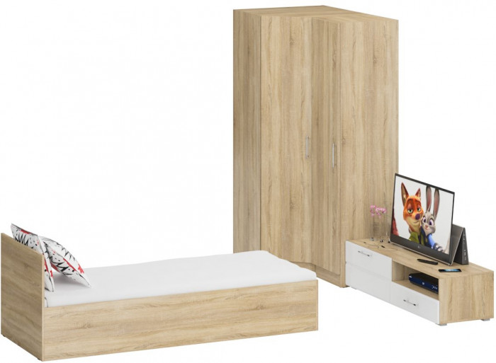Спальня Стандарт 4-0800, дуб сонома/фасады ТВ тумбы МДФ белый глянец
