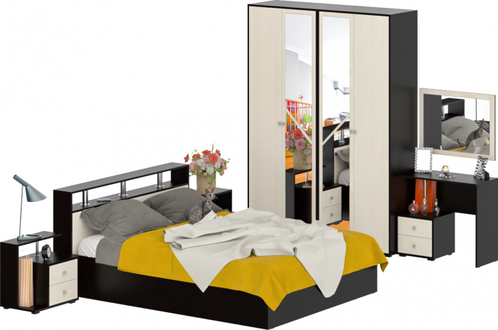 Камелия спальня № 2 Кровать 1600 + Две тумбы + Стол косметич. + Зеркало + Шкаф 4-х, венге/дуб лоредо