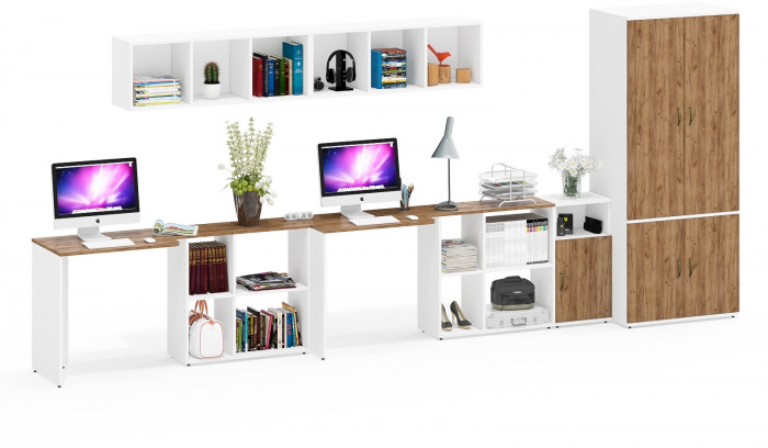 Лидер-8 Стол + Полка + Стол + Полка + Шкаф МД 19Б + Тумба МД 3.19, белый шагрень/крафт золото