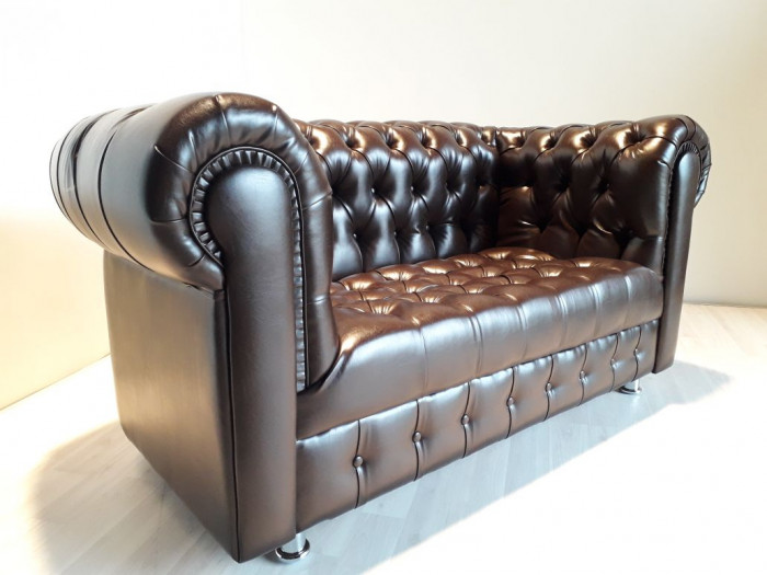 Диван офисный нераскладной Честер 2-х местный, отстрочка каретка, экокожа коричневый