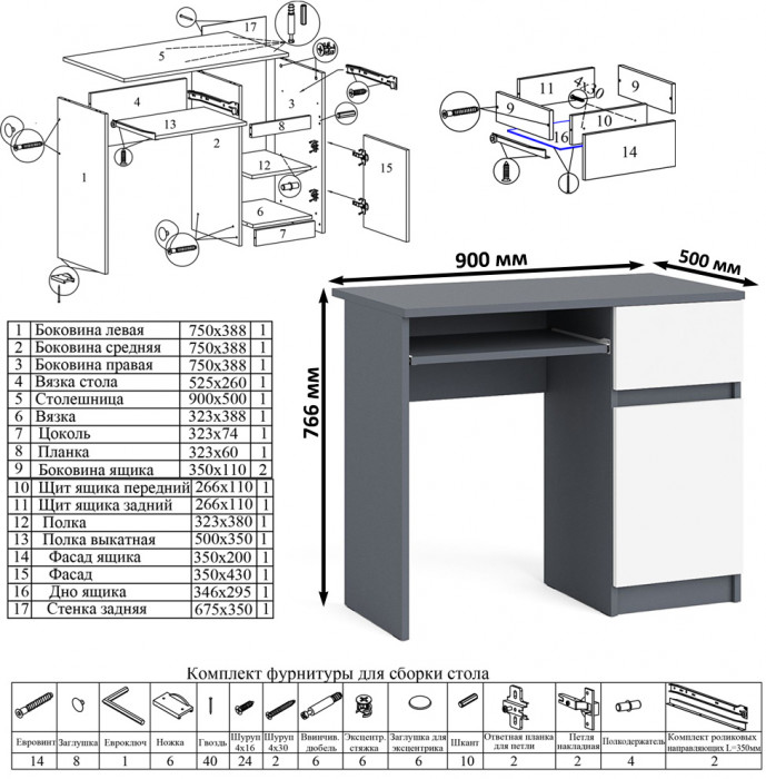 Мори компьютерный стол МС-1 правый, графит/белый