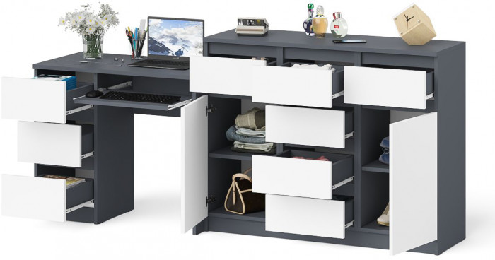 Мори компьютерный стол МС-6 левый + Комод МК1200.4, графит/белый