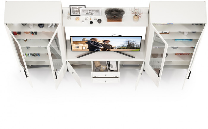 Валенсия Гостиная № 074, цвет ЛДСП белый шагрень/МДФ белый шагрень, ШхГхВ 301,3х38,3х225,2 см., универсальная сборка