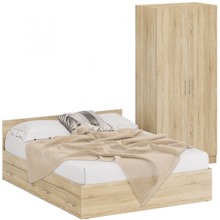 Кровать с ящиками 1600 + Шкаф 2-х створчатый Стандарт, цвет дуб сонома, ШхГхВ 163,5х203,5х70 + 90х52х200 см., сп.м. 1600х2000 мм., б/м, основание есть