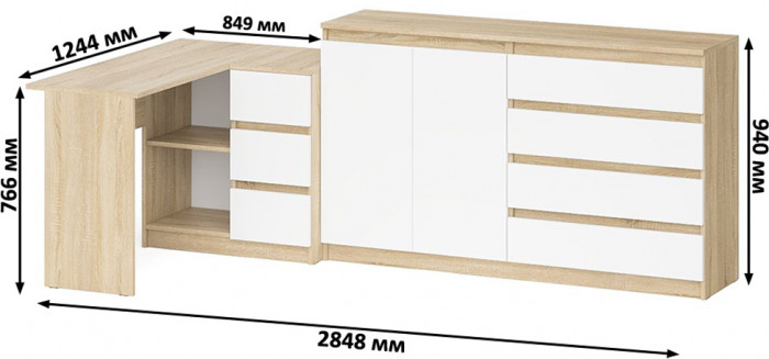 Мори Стол компьютерный МС-16 правый + Комод МК1600.1, цвет дуб сонома/белый, ШхГхВ 284,8х84,9х94 см., выдвижные ящики справа, НЕ универс. сборка