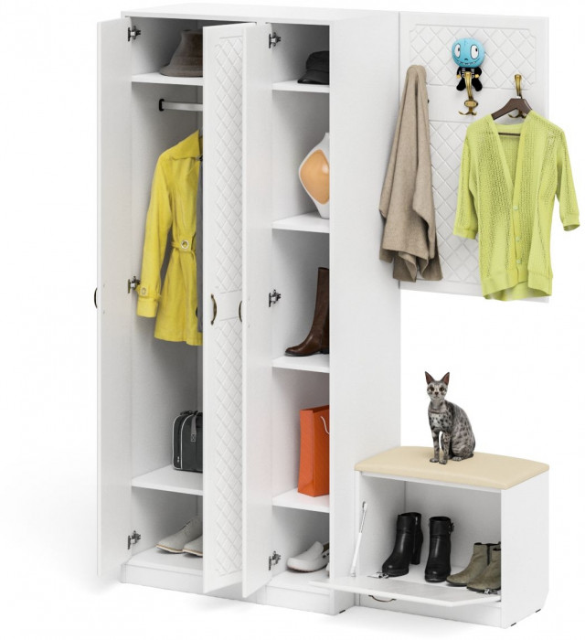 Прихожая П-6 Компоновка № 47, белая шагрень/фасады МДФ белое дерево фрезеровка ромб