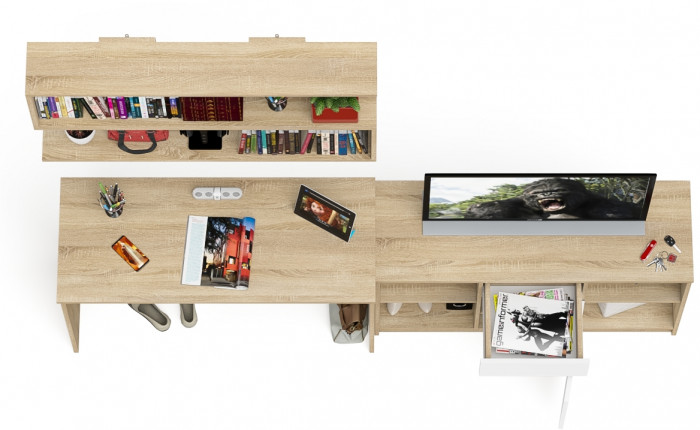 Мори Стол письменный МСП1200.1 + Тумба МТВ1204.1 + Полка 1200, цвет дуб сонома/белый, ШхГхВ 240,8х50х209,6 см., универсальная сборка