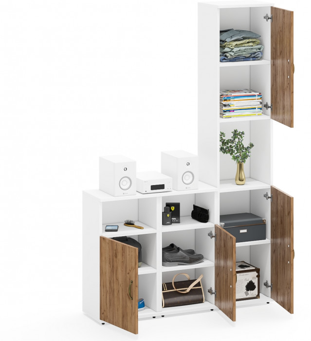 Лидер-8 Пенал + Тумба МД 3.19 + Тумба МД 3.19, белый шагрень/крафт золото