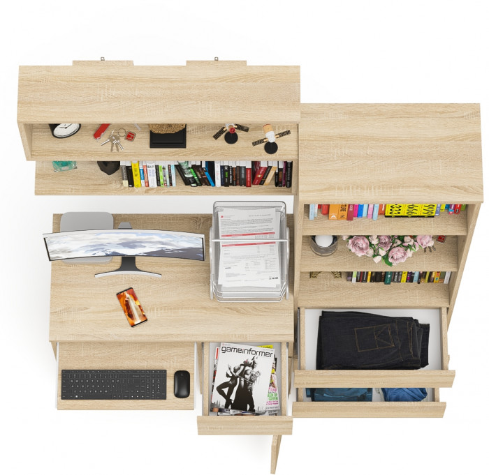 Мори компьютерный стол МС-1 правый + Стеллаж МСТ600.3 + Полка 900, дуб сонома