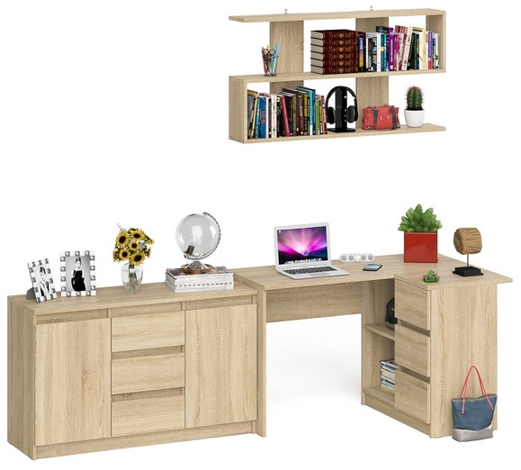 Мори компьютерный стол МС-16 правый + Комод МК1200.3 + Полка 1200, дуб сонома