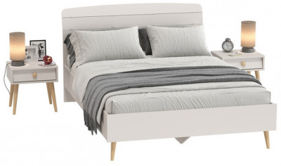 Афина Спальня Кровать 1400 + Две тумбы, цвет кашемир серый, ШхГхВ 144,6х210,2х95,7 + 2х45х37х45 см., сп.м. 1400х2000 мм., б/м, основание есть