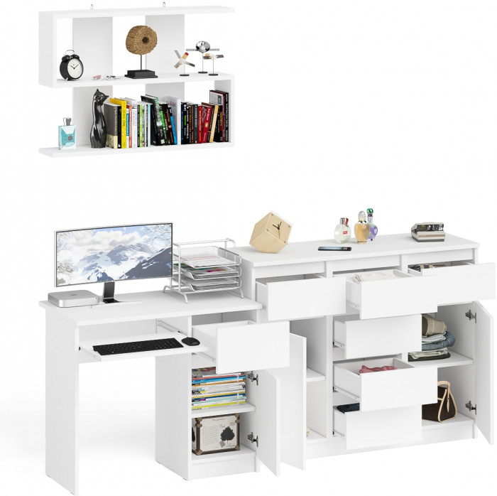 Мори компьютерный стол МС-1 правый + Комод МК1200.4 + Полка 900, белый