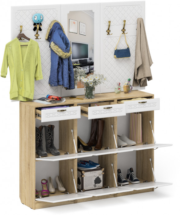 Прихожая П-6 Компоновка № 06, цвет дуб сонома/фасады МДФ белое дерево фрезеровка ромб, ШхГхВ 170х35х200 см., универсальная сборка