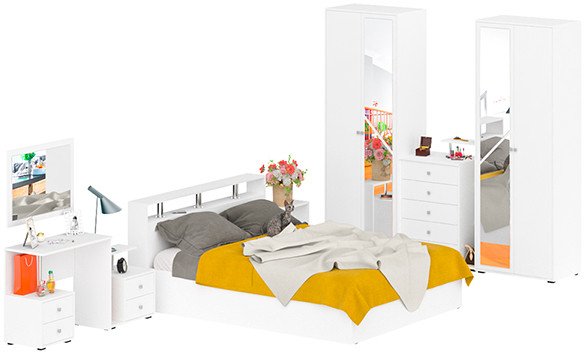Камелия спальня № 3 Кровать 1600 + Две тумбы + Стол косметич. + Зеркало + Комод + Шкаф 4-х, белый