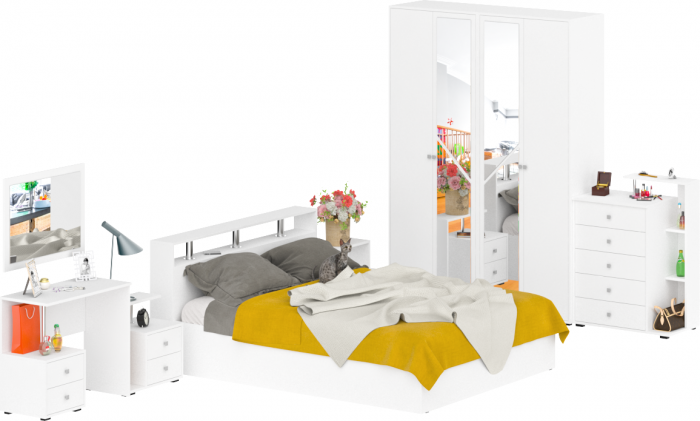 Камелия спальня № 3 Кровать 1600 + Две тумбы + Стол косметич. + Зеркало + Комод + Шкаф 4-х, белый