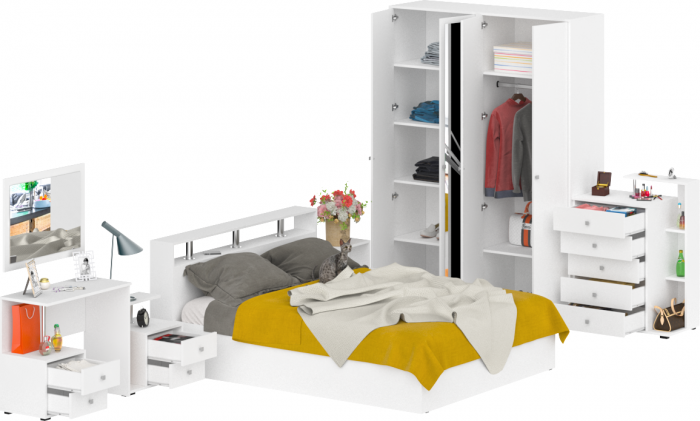 Камелия спальня № 3 Кровать 1600 + Две тумбы + Стол косметич. + Зеркало + Комод + Шкаф 4-х, белый